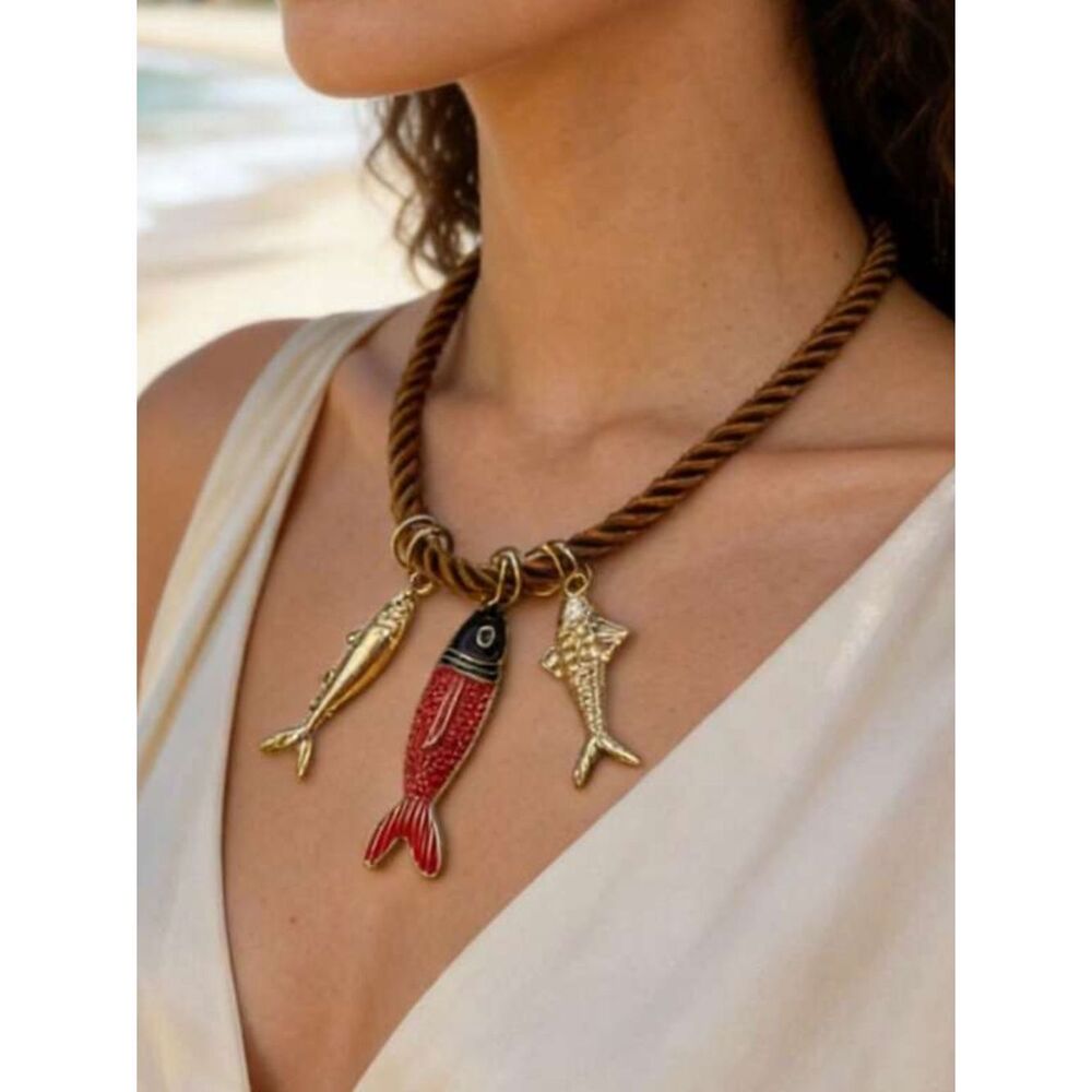Charm Rope Necklace with Gold and Red Fish Charms R 582